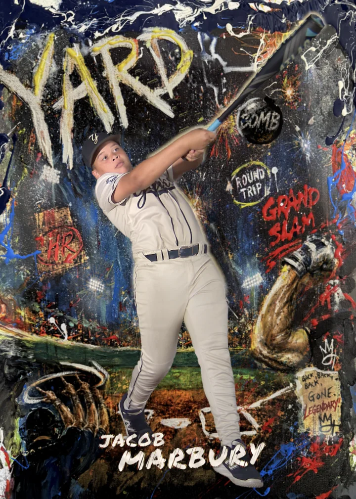 A finished Yard Card: a young hitter mid-swing inside Murray Henderson's painting, with the name Jacob Marbury on the front.